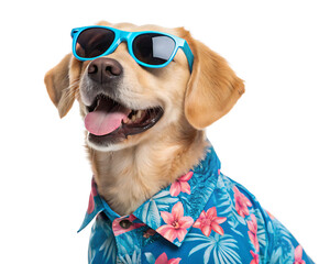 Golden retriever wearing sunglasses and a floral shirt against a white background looking upwards