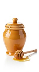 Isolated Honey Jar with Dripping Honey and Wooden Spoon Still Life