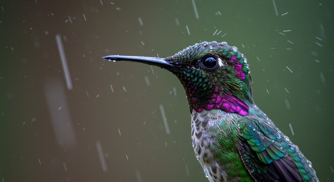 Macro Photo of Hummingbird Jewel Plumage in Rain Wet Wildlife