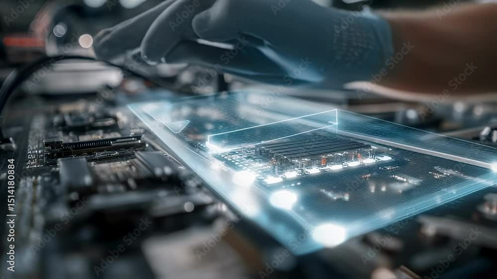 Poster gloved hands interact with a holographic interface, meticulously inspecting solid oxide fuel cell co