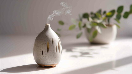 Organic essential oil diffuser in ceramic design on white background