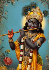 Obraz premium Illustration Of Lord Krishna Playing Flute Divine Art With Crown