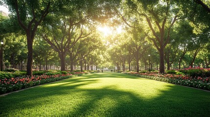 Fototapeta premium Sunlit Park Path with Green Trees.