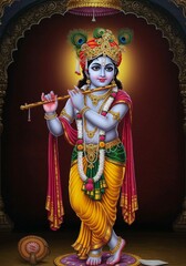 Fototapeta premium Illustration of Ornate Krishna Playing Flute with Peacock Feather Crown