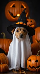 Photo Adorable Dog Ghost Costume with Pumpkins Halloween Season Fall