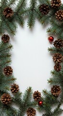Festive Christmas Frame Fir Branch Pine Cone Ornaments Background