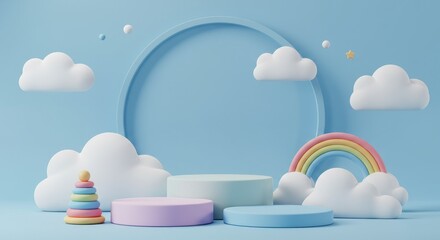 Illustration Pastel Pedestal Background with Rainbow Clouds Mockup