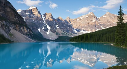 Moraine Lake Photo Reflects Mountains Blue Water in Banff National Park
