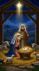 Nativity Scene Illustration of Holy Family with Animals at Night