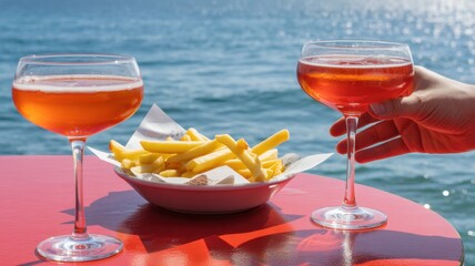 Refreshing drinks and fries at oceanfront table setting by the sea