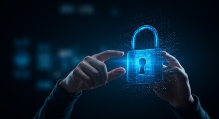 Illustration Security Lock with Cyber Protection Data in Blue Glowing