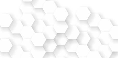 Minimal white hexagonal hexagon modern technology creative emboss light honeycomb polygonal web. abstract geometric science web creative emboss and mosaic tile with template texture background.	
