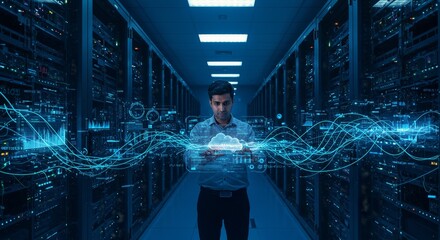 Photo Dark Data Center Man Cloud Connection and Technology Network