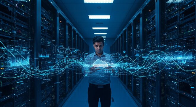 Photo Dark Data Center Man Cloud Connection and Technology Network