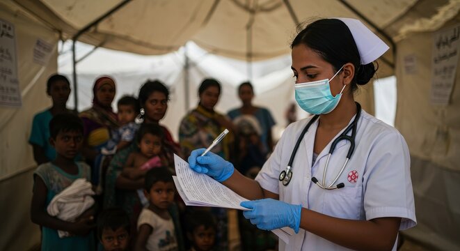 Photo Female Nurse Checks Patient Records at Refugee Camp Clinic
