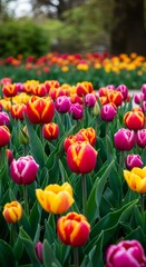 Photo of Colorful Tulips Blooming in Garden with Red Yellow Purple