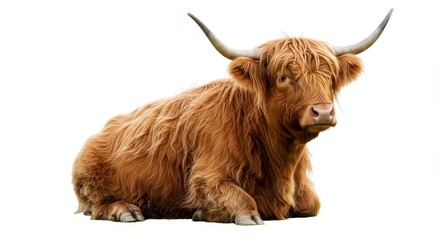 Photo of a Brown Furry Highland Cow Animal on White Background