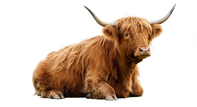 Photo of a Brown Furry Highland Cow Animal on White Background