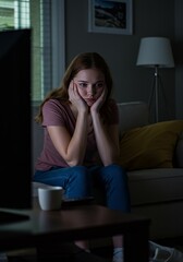 Photo Bored Woman in Pajamas Watches Television Alone at Home