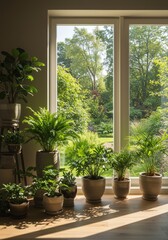 Photo Bright Indoor Garden Plants in Pots by Window Sill