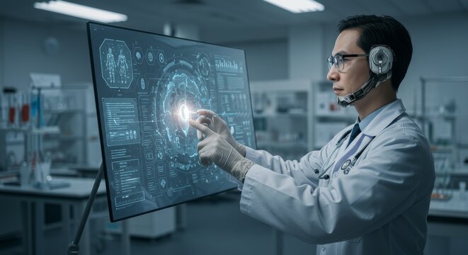 Photo of Scientist Analyzing Medical Data on Futuristic Touchscreen