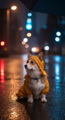 Photo Corgi in Yellow Raincoat Walking in Rainy City Street At Night