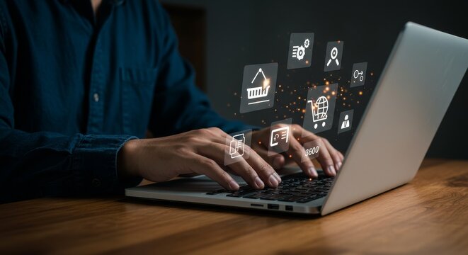 Photo Close Up Man Hands Typing Online Business Icons Laptop Desk