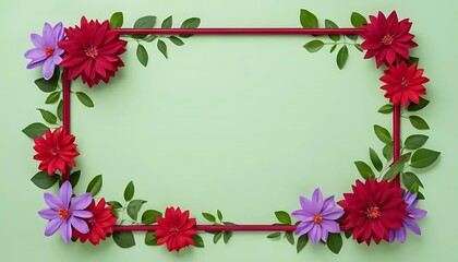 Obraz premium Elegant floral frame with vibrant dahlias and leaves on a pastel green background