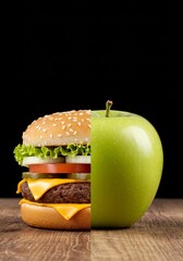 Photo Food Choice Apple Versus Burger Healthy Unhealthy Diet Nutrition