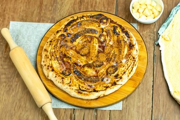 Traditional Brazilian sweet banana pizza with cinnamon and condensed milk. The best pizza in the...