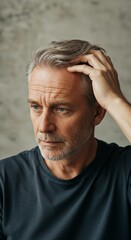 Obraz premium Photo Portrait Man Covered Snowflakes Touching Head In Cold Weather