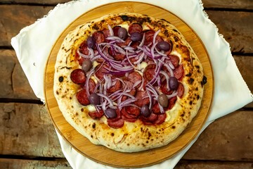 Traditional Brazilian Calabrian sausage pizza. Brazilian food, real food