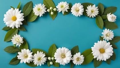 Obraz premium Floral Frame with Daisies and Leaves on Cyan Background for Spring Designs