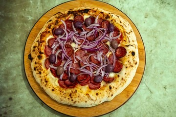 Traditional Brazilian Calabrian sausage pizza. Brazilian food, real food