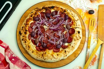 Traditional Brazilian Calabrian sausage pizza. Brazilian food, real food