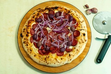 Traditional Brazilian Calabrian sausage pizza. Brazilian food, real food