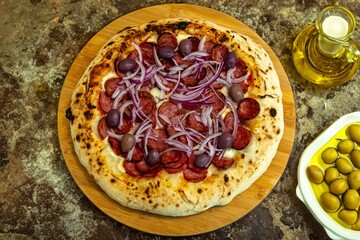 Traditional Brazilian Calabrian sausage pizza. Brazilian food, real food