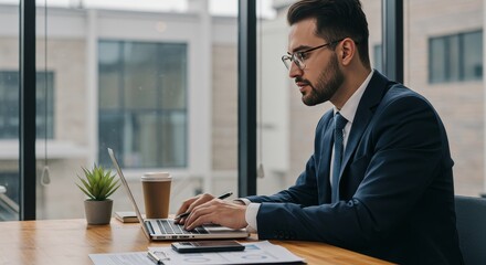 Photo of Focused Man Typing on Laptop in Bright Modern Office