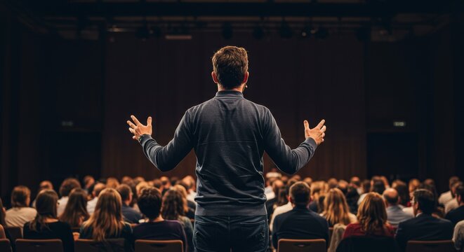 Photo of Enthusiastic Speaker Addresses Audience at Dark Conference Event