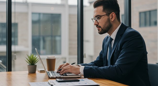 Photo of Focused Man Typing on Laptop in Bright Modern Office - Powered by Adobe