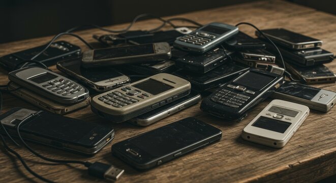 Pile of Old Mobile Phones on Wooden Table Vintage Cell Technology