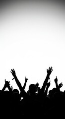 Monochrome Silhouette Of Cheering Crowd With Raised Hands At Concert