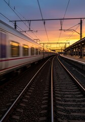 Fototapeta premium Motion Blur Photo Train on Tracks at Sunset Golden Hour