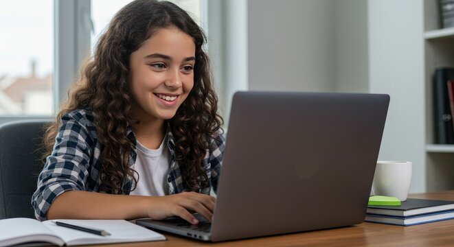 Photo of Smiling Girl Uses Laptop for Online Learning at Home - Powered by Adobe