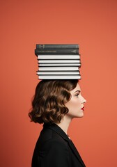 Photo of Stylish Woman Balancing Books On Head Orange Backdrop