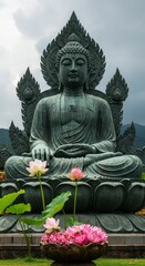 Photo of Tranquil Buddha Statue with Lotus Flowers Spiritual Meditation
