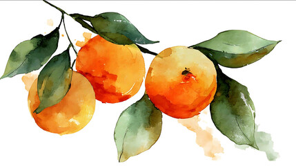 watercolor style of organic oranges with leaves