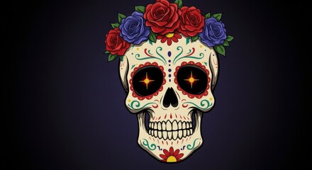 Pixel Art Skull with Roses Flower Crown Mexican Celebration