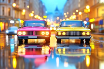 Vibrant vintage cars on a wet city street glow under blurred lights