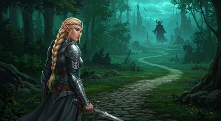 Pixel Art Elf Woman in Armor Sword Forest Path Pixelated Knight Battle